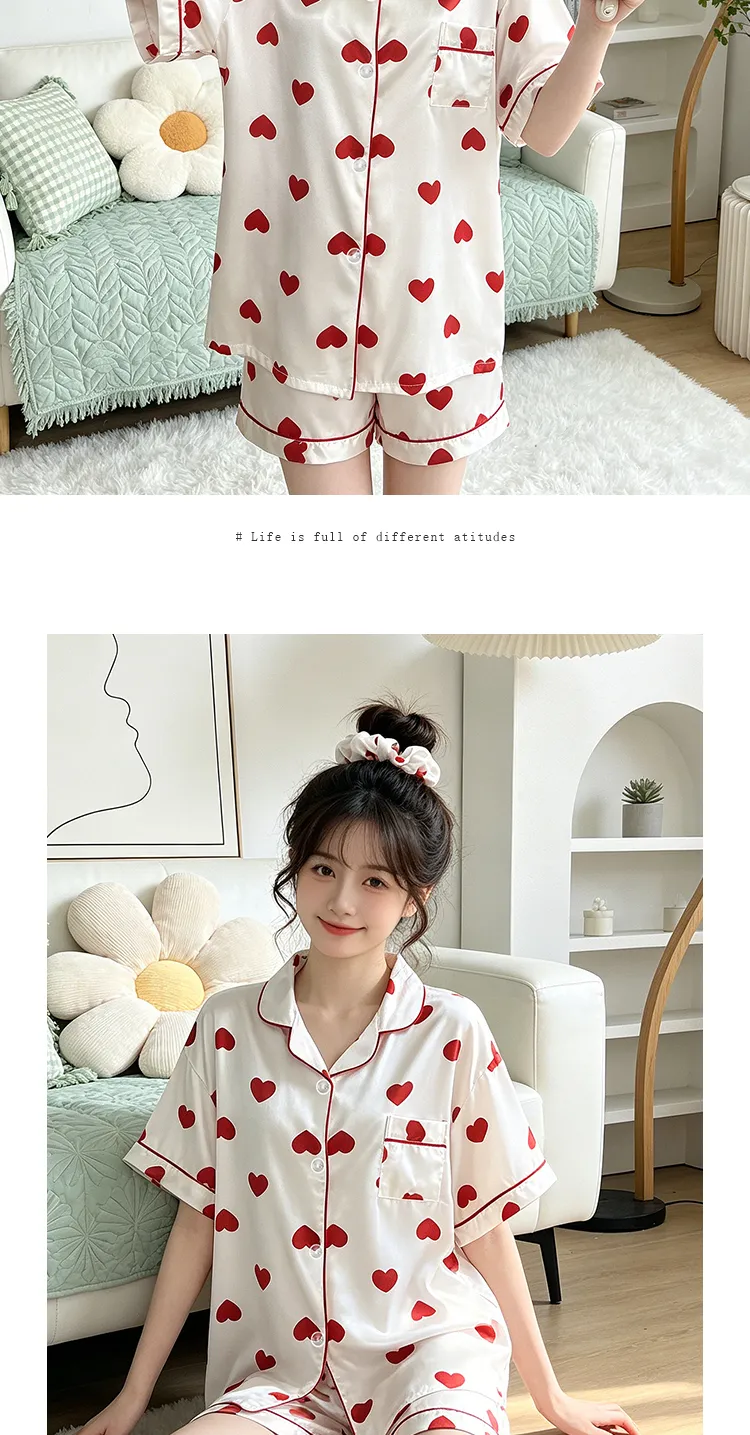 Yuanxing 2197 Gaya Ins Populer Temperamen Manis Hati Lengan Pendek Celana Pendek Pakaian Rumah Imitasi Sutra Wanita Set Piama · Grosir · OEM · Pengiriman Global - Detail 9