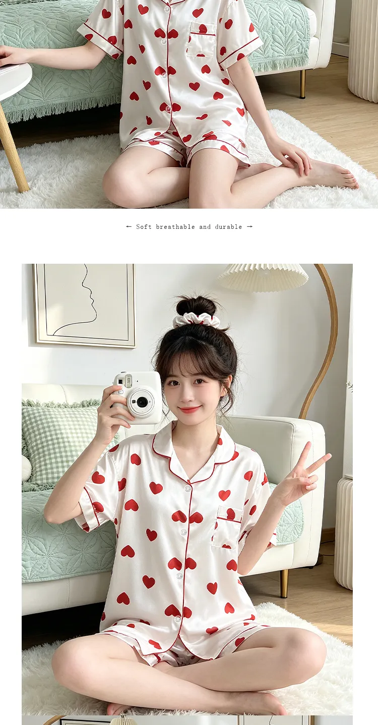 Yuanxing 2197 Gaya Ins Populer Temperamen Manis Hati Lengan Pendek Celana Pendek Pakaian Rumah Imitasi Sutra Wanita Set Piama · Grosir · OEM · Pengiriman Global - Detail 7
