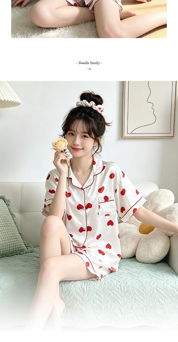 Yuanxing 2197 Gaya Ins Populer Temperamen Manis Hati Lengan Pendek Celana Pendek Pakaian Rumah Imitasi Sutra Wanita Set Piama · Grosir · OEM · Pengiriman Global - Detail 10