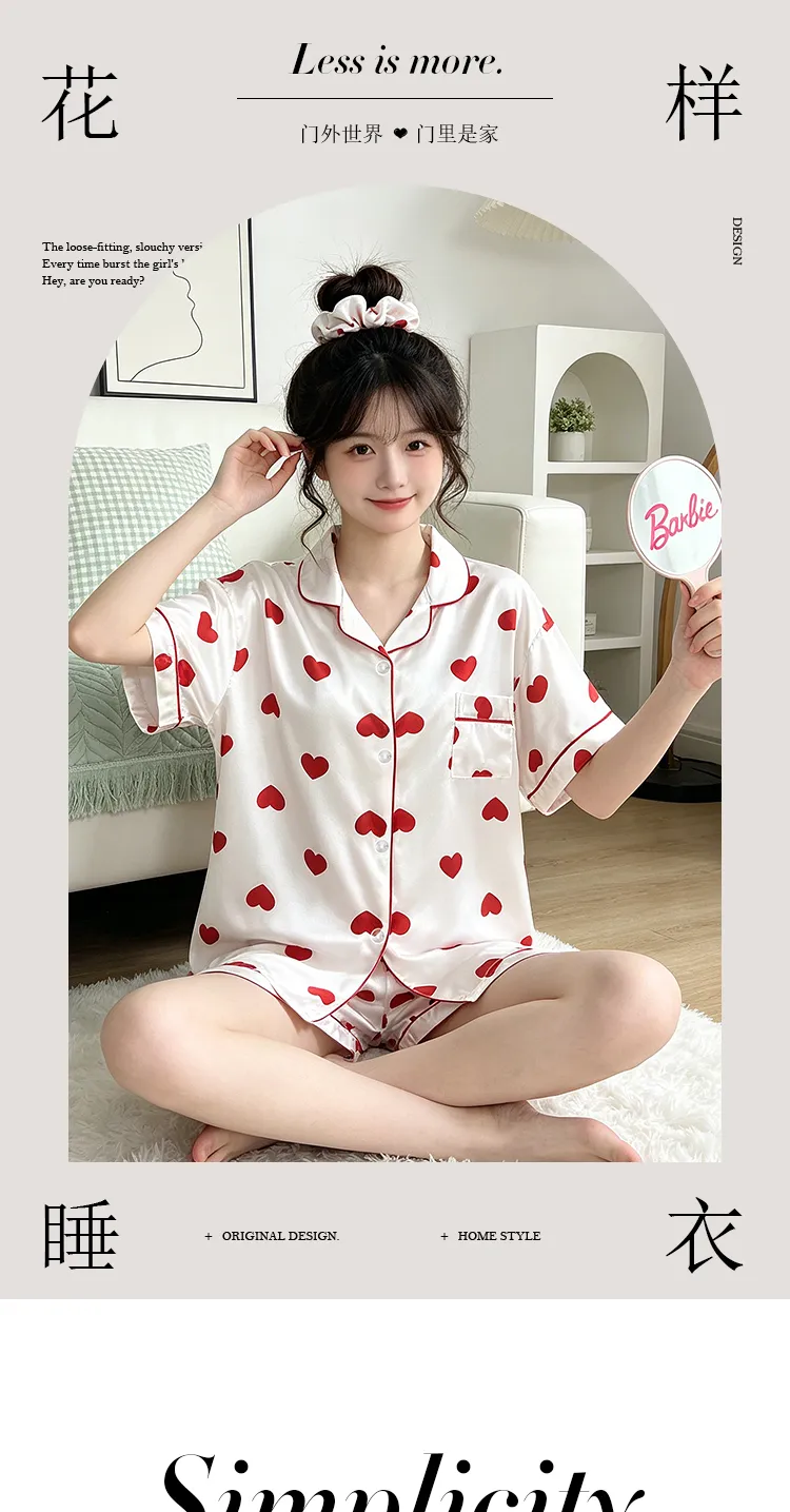 Yuanxing 2197 Gaya Ins Populer Temperamen Manis Hati Lengan Pendek Celana Pendek Pakaian Rumah Imitasi Sutra Wanita Set Piama · Grosir · OEM · Pengiriman Global - Detail 2