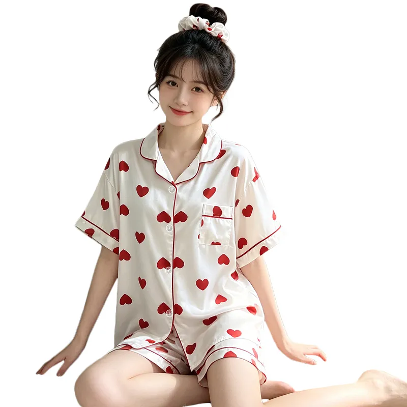 Yuanxing 2197 Gaya Ins Populer Temperamen Manis Hati Lengan Pendek Celana Pendek Pakaian Rumah Imitasi Sutra Wanita Set Piama · Grosir · OEM · Pengiriman Global - View 4