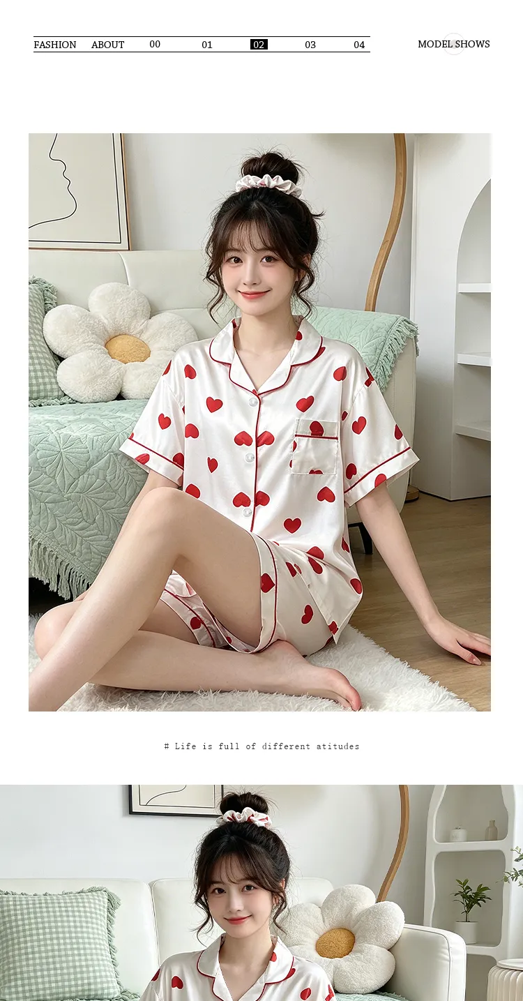 Yuanxing 2197 Gaya Ins Populer Temperamen Manis Hati Lengan Pendek Celana Pendek Pakaian Rumah Imitasi Sutra Wanita Set Piama · Grosir · OEM · Pengiriman Global - Detail 6