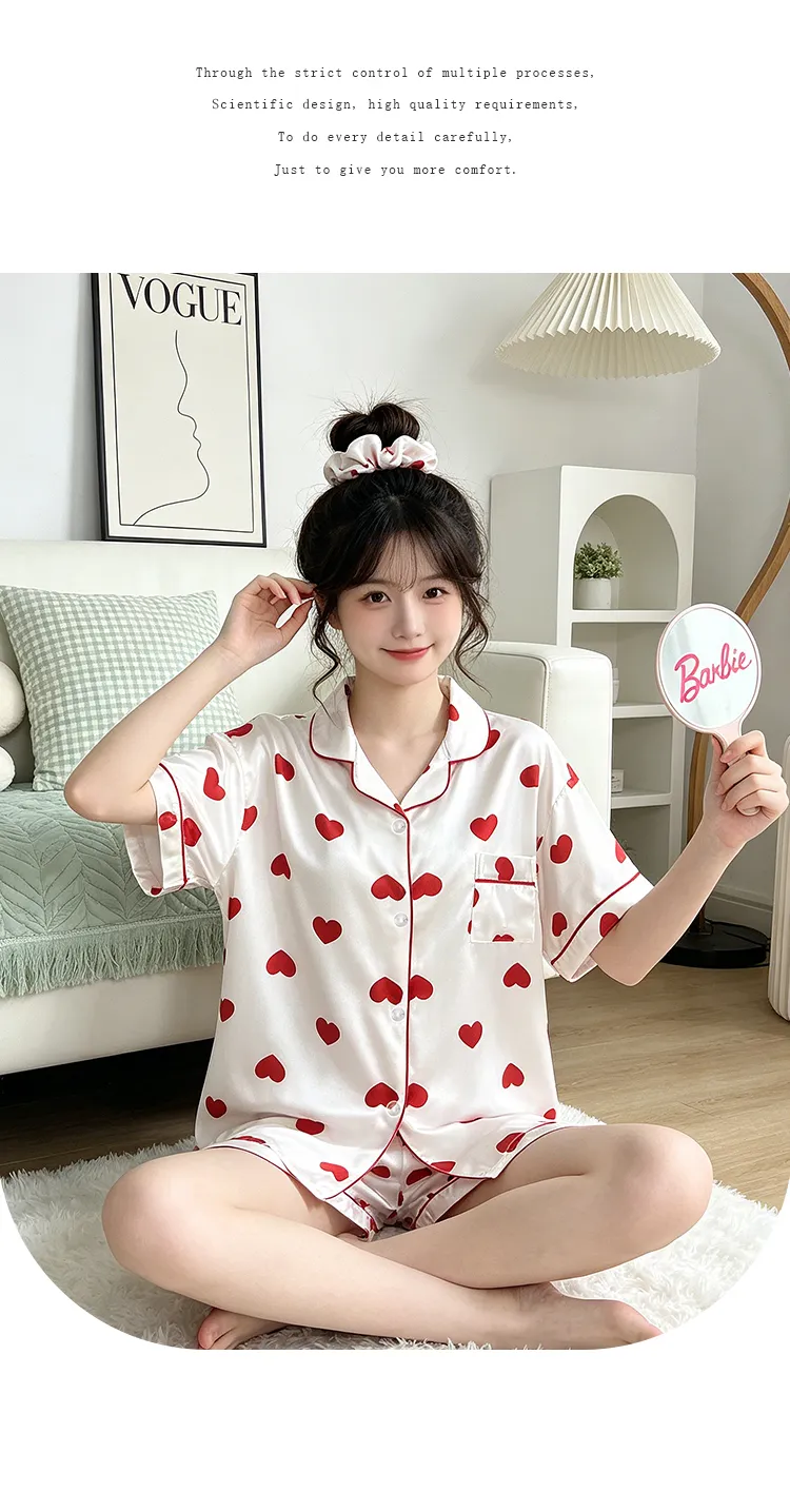 Yuanxing 2197 Gaya Ins Populer Temperamen Manis Hati Lengan Pendek Celana Pendek Pakaian Rumah Imitasi Sutra Wanita Set Piama · Grosir · OEM · Pengiriman Global - Detail 11