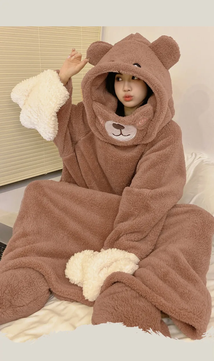 Autumn Winter Couple One-Piece Pajamas Women Plus Size Loose 200 Jin Thickened Coral Fleece Cartoon Men Homewear Set · Wholesale · OEM · Worldwide Shipping - Detail 18