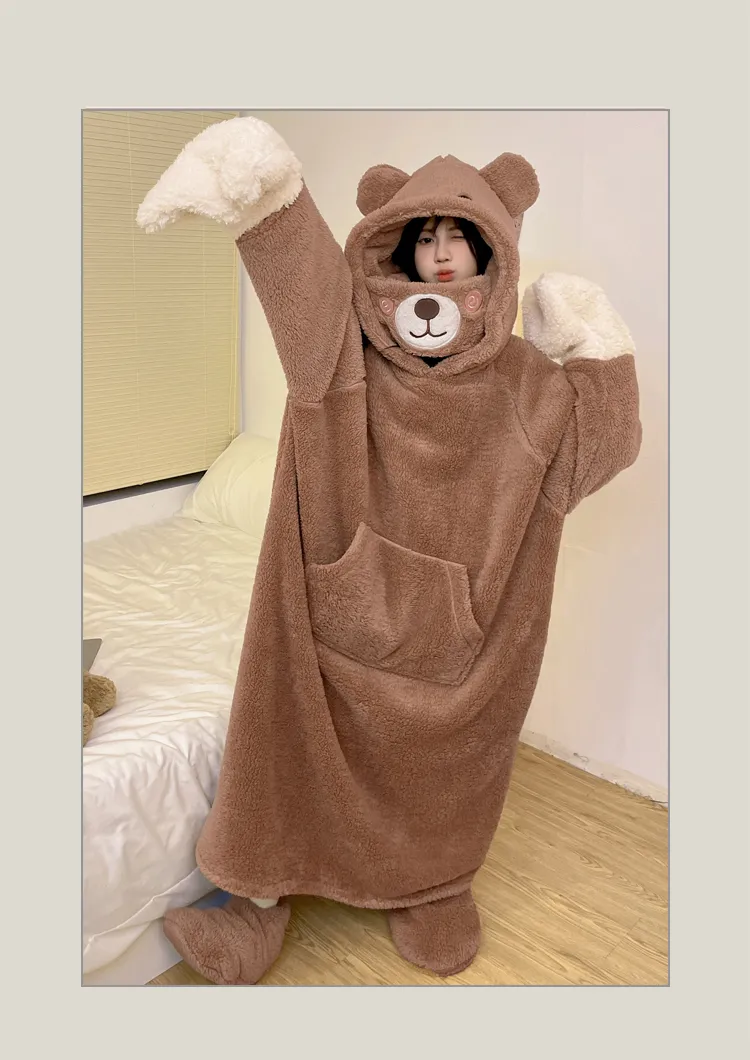 Autumn Winter Couple One-Piece Pajamas Women Plus Size Loose 200 Jin Thickened Coral Fleece Cartoon Men Homewear Set · Wholesale · OEM · Worldwide Shipping - Detail 17