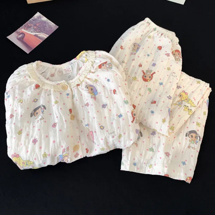 Cartoon Cute Lace Pajamas Women Spring Autumn Round Neck Long Sleeve Long Pants Wannian Plaid Cloud Cotton Student Loungewear · Wholesale · OEM · Worldwide Shipping - Detail 2