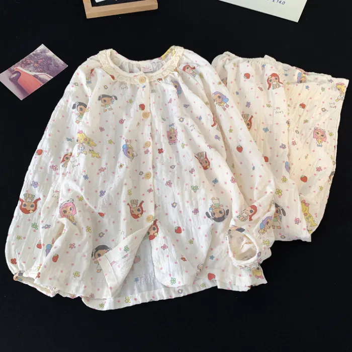 Cartoon Cute Lace Pajamas Women Spring Autumn Round Neck Long Sleeve Long Pants Wannian Plaid Cloud Cotton Student Loungewear · Wholesale · OEM · Worldwide Shipping - Detail 1
