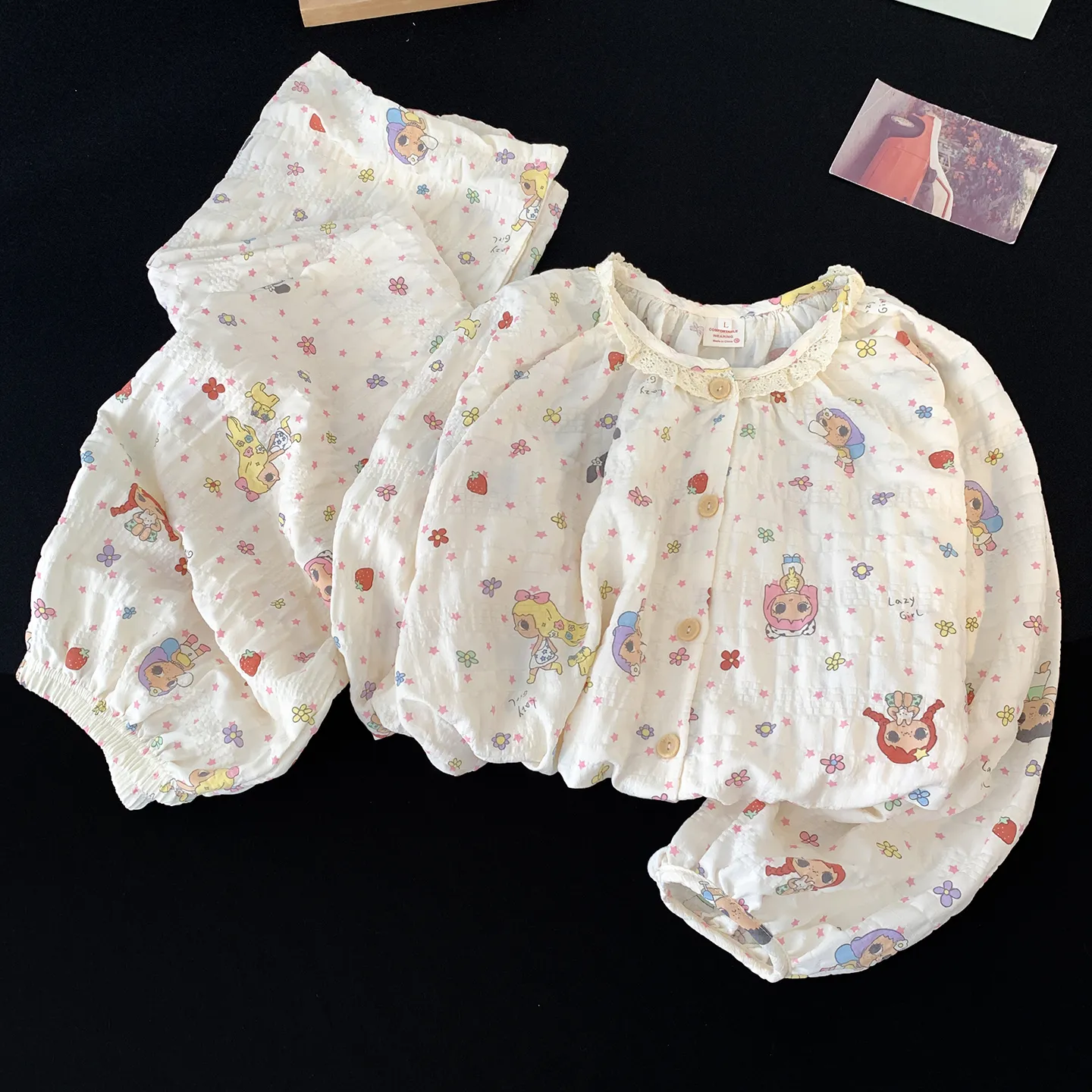 Cartoon Cute Lace Pajamas Women Spring Autumn Round Neck Long Sleeve Long Pants Wannian Plaid Cloud Cotton Student Loungewear · Wholesale · OEM · Worldwide Shipping - Detail 10