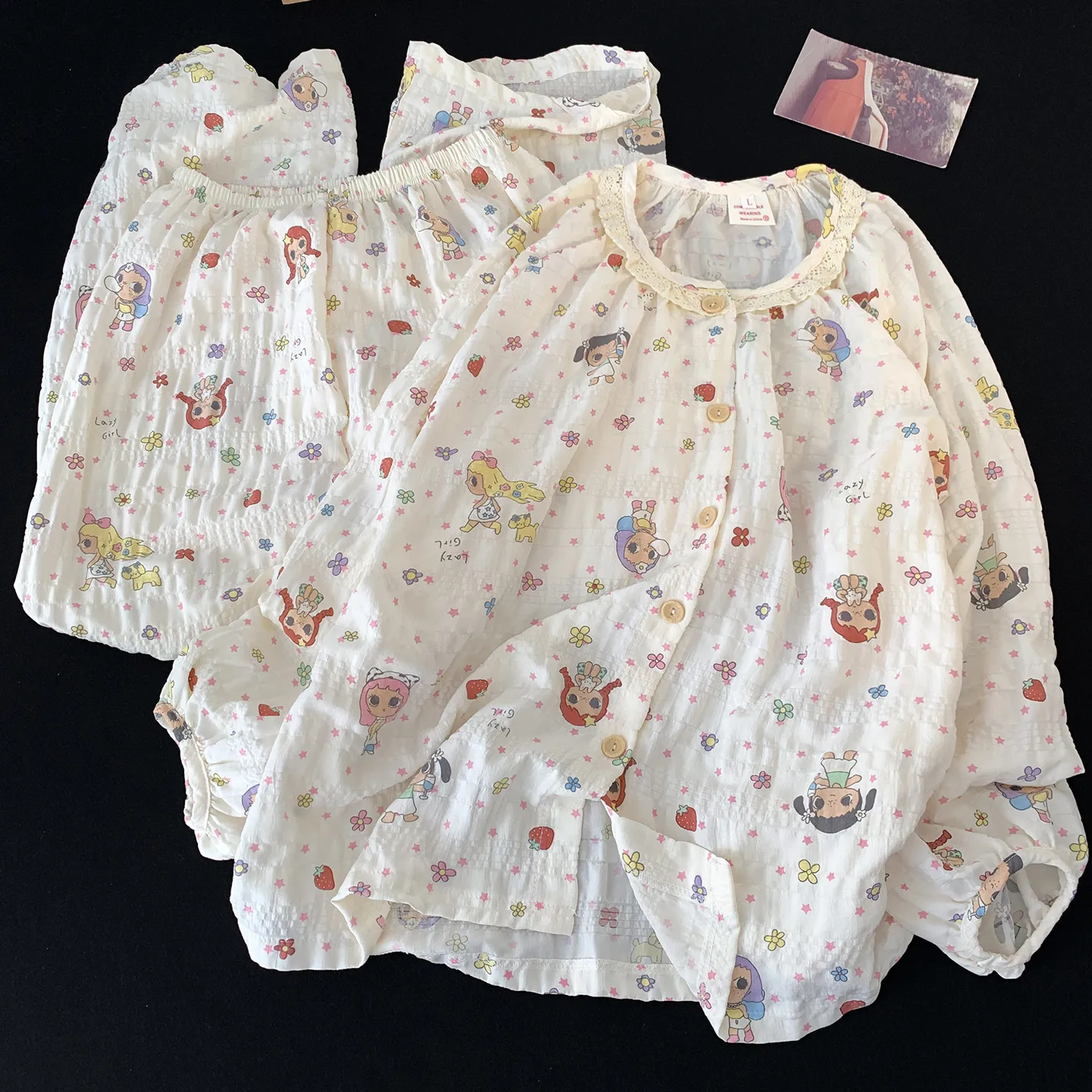Cartoon Cute Lace Pajamas Women Spring Autumn Round Neck Long Sleeve Long Pants Wannian Plaid Cloud Cotton Student Loungewear · Wholesale · OEM · Worldwide Shipping - View 2