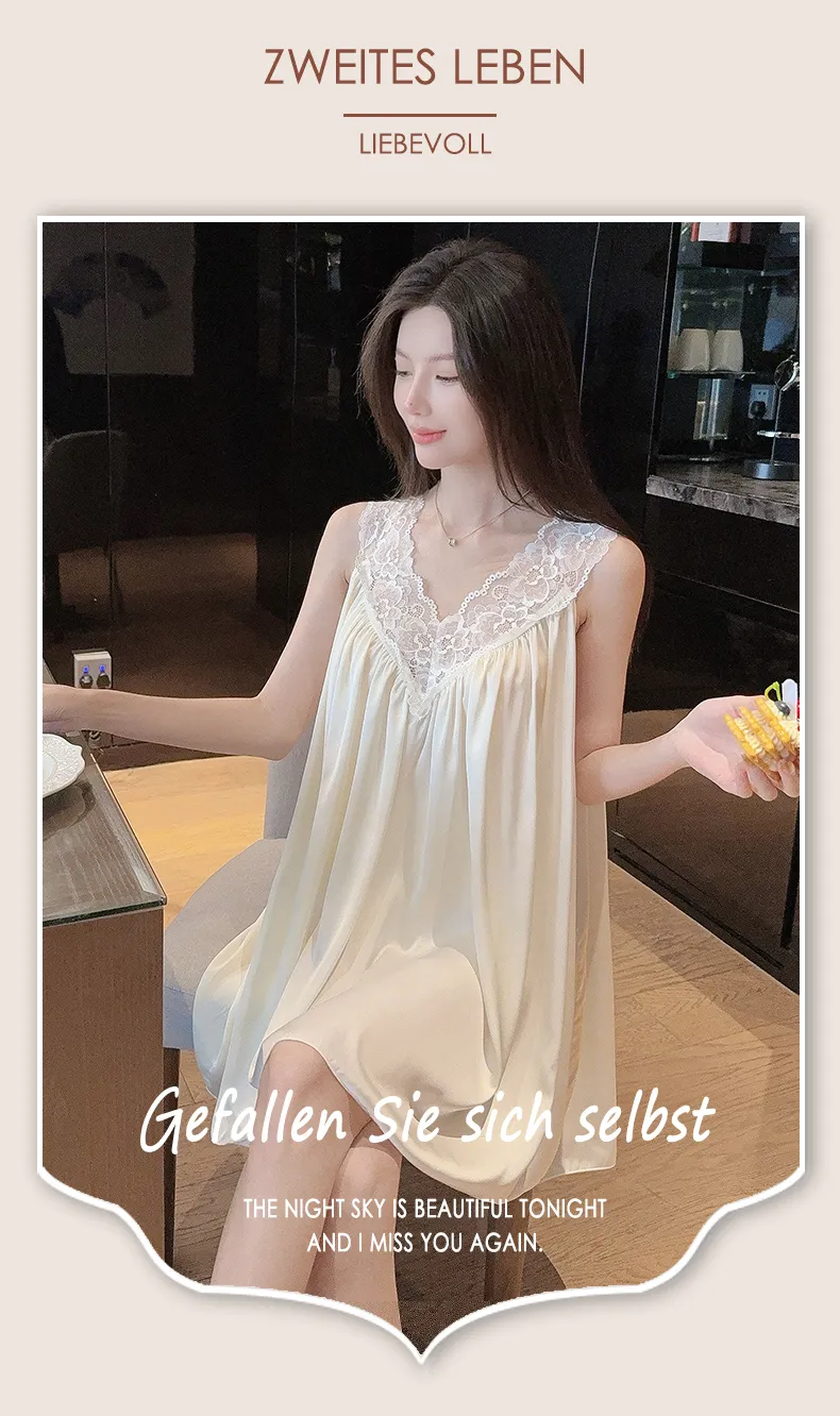 Bestie High-End Sexy Deep V Camisole Padded Nightdress Women Summer Ice Silk Lace Splicing Hollow-Out Midi Dress · Wholesale · OEM · Worldwide Shipping - Detail 13