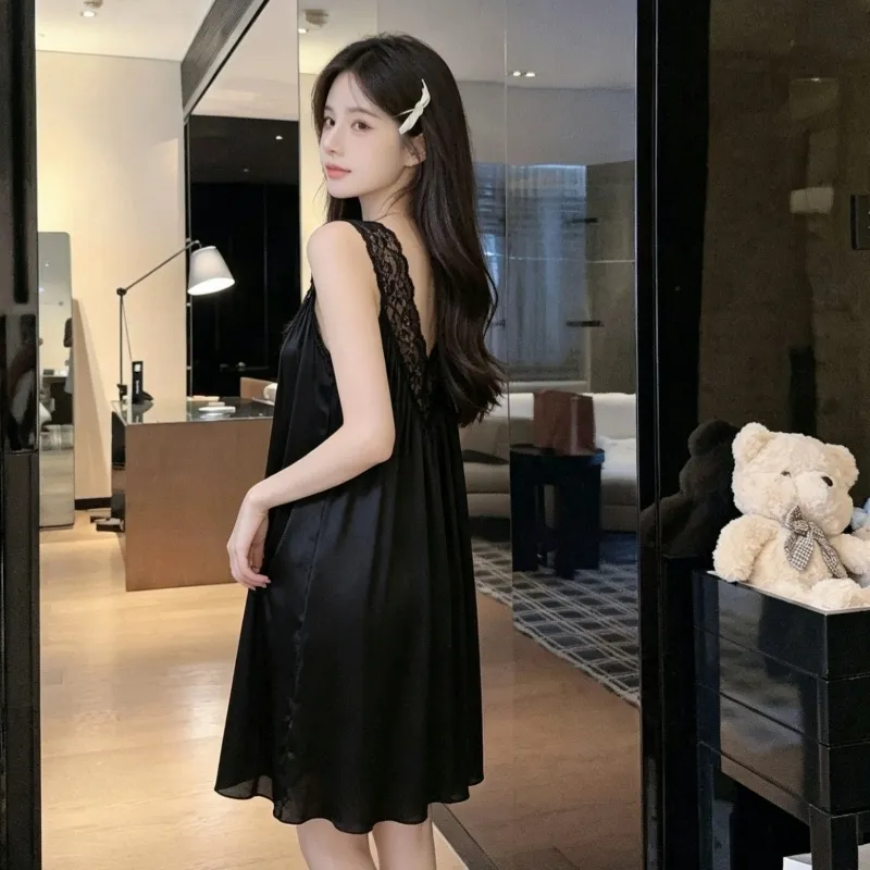 Bestie High-End Sexy Deep V Camisole Padded Nightdress Women Summer Ice Silk Lace Splicing Hollow-Out Midi Dress · Wholesale · OEM · Worldwide Shipping - View 1