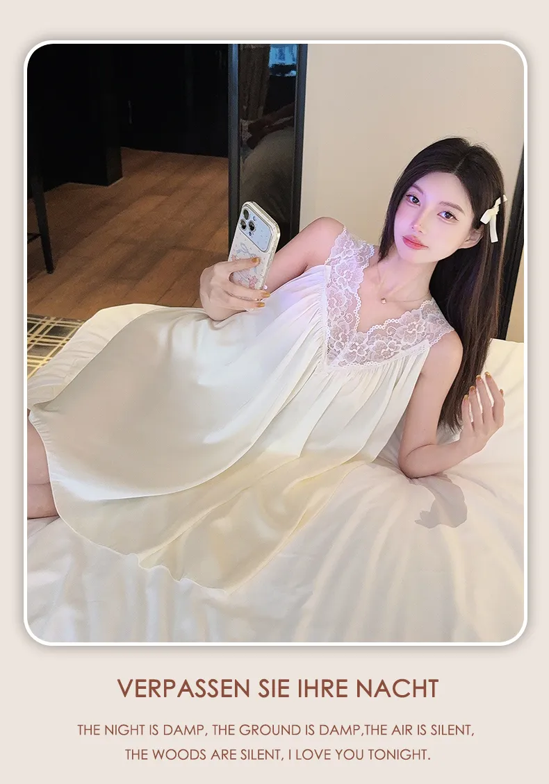 Bestie High-End Sexy Deep V Camisole Padded Nightdress Women Summer Ice Silk Lace Splicing Hollow-Out Midi Dress · Wholesale · OEM · Worldwide Shipping - Detail 11