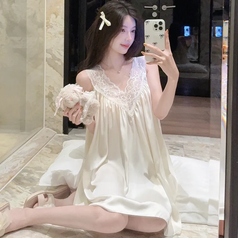 Bestie High-End Sexy Deep V Camisole Padded Nightdress Women Summer Ice Silk Lace Splicing Hollow-Out Midi Dress · Wholesale · OEM · Worldwide Shipping - View 2