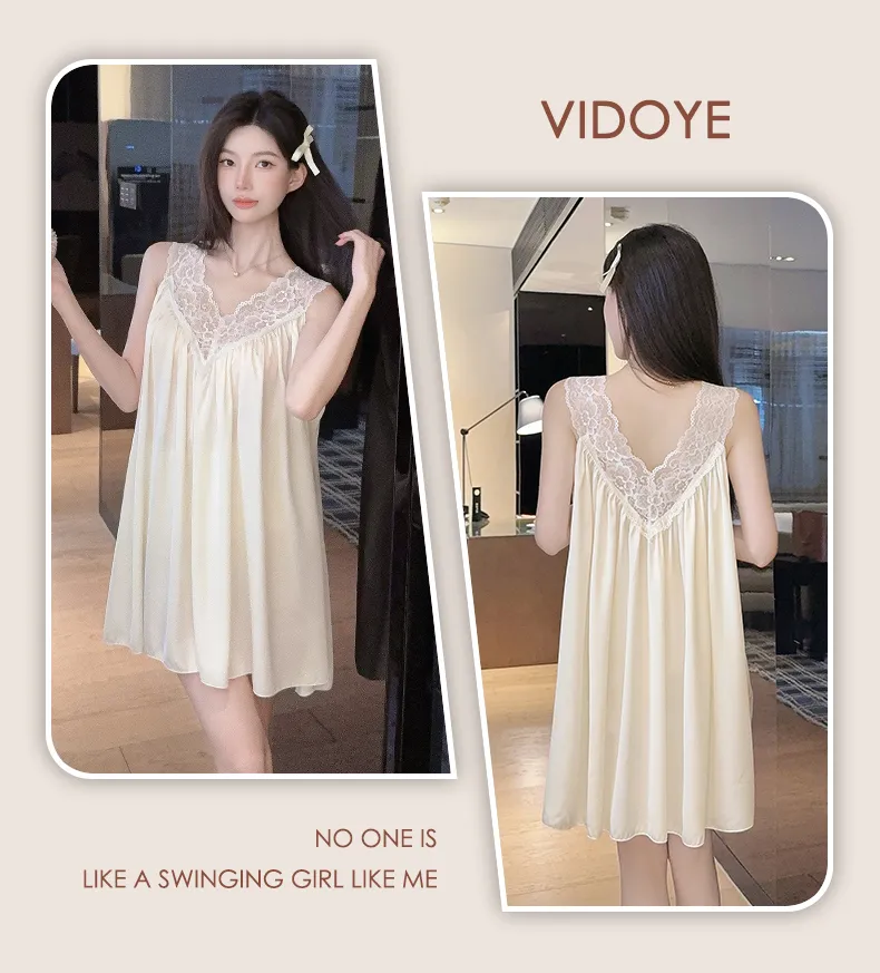 Bestie High-End Sexy Deep V Camisole Padded Nightdress Women Summer Ice Silk Lace Splicing Hollow-Out Midi Dress · Wholesale · OEM · Worldwide Shipping - Detail 9