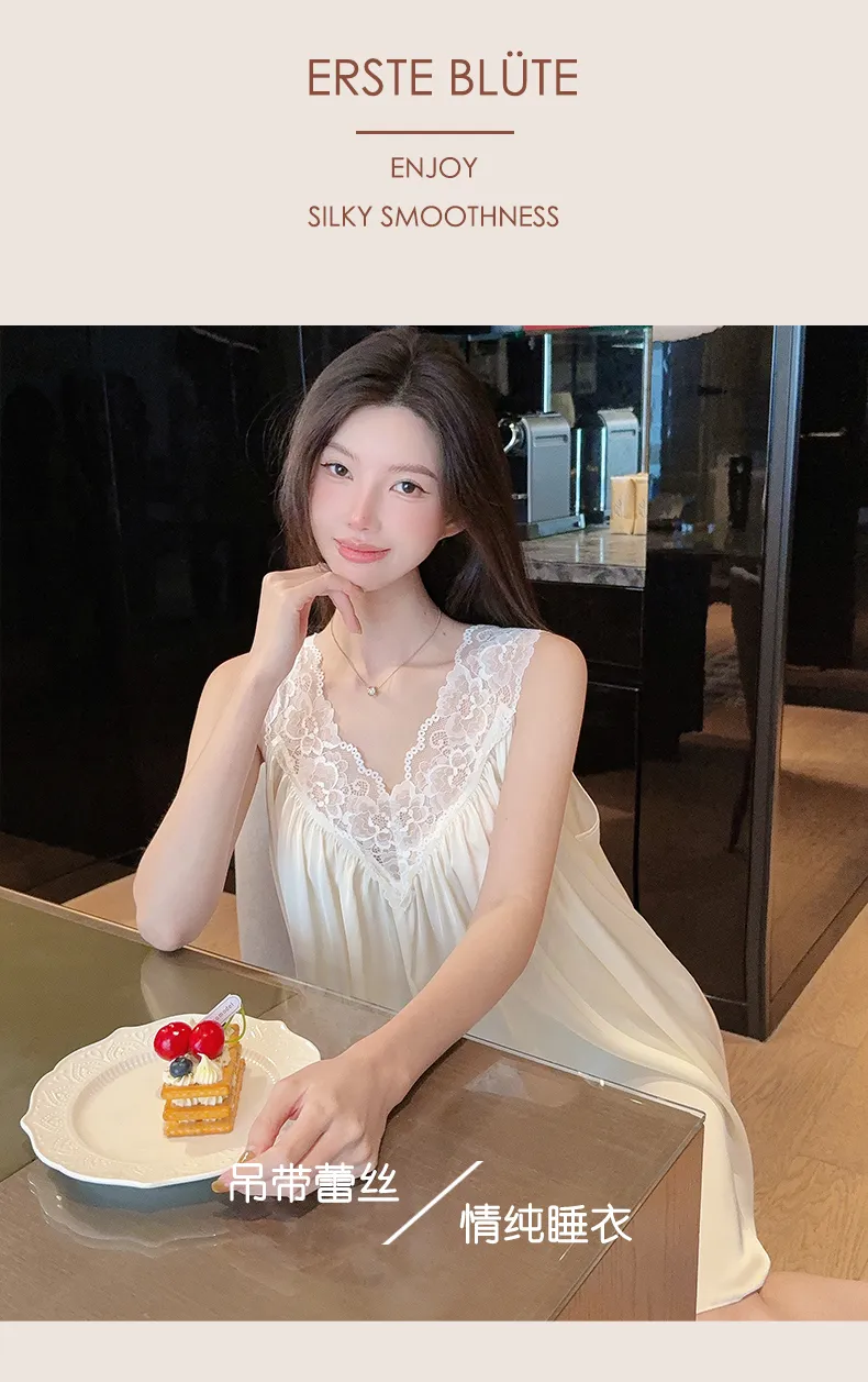 Bestie High-End Sexy Deep V Camisole Padded Nightdress Women Summer Ice Silk Lace Splicing Hollow-Out Midi Dress · Wholesale · OEM · Worldwide Shipping - Detail 8