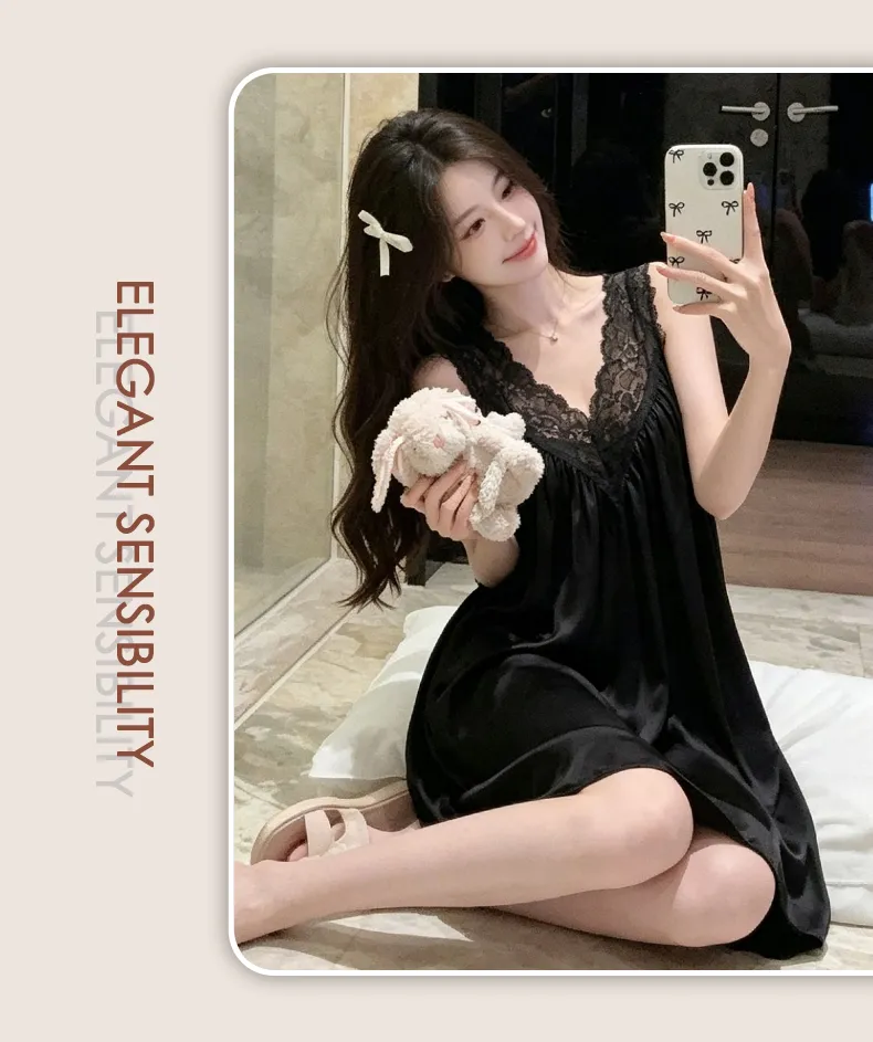 Bestie High-End Sexy Deep V Camisole Padded Nightdress Women Summer Ice Silk Lace Splicing Hollow-Out Midi Dress · Wholesale · OEM · Worldwide Shipping - Detail 24