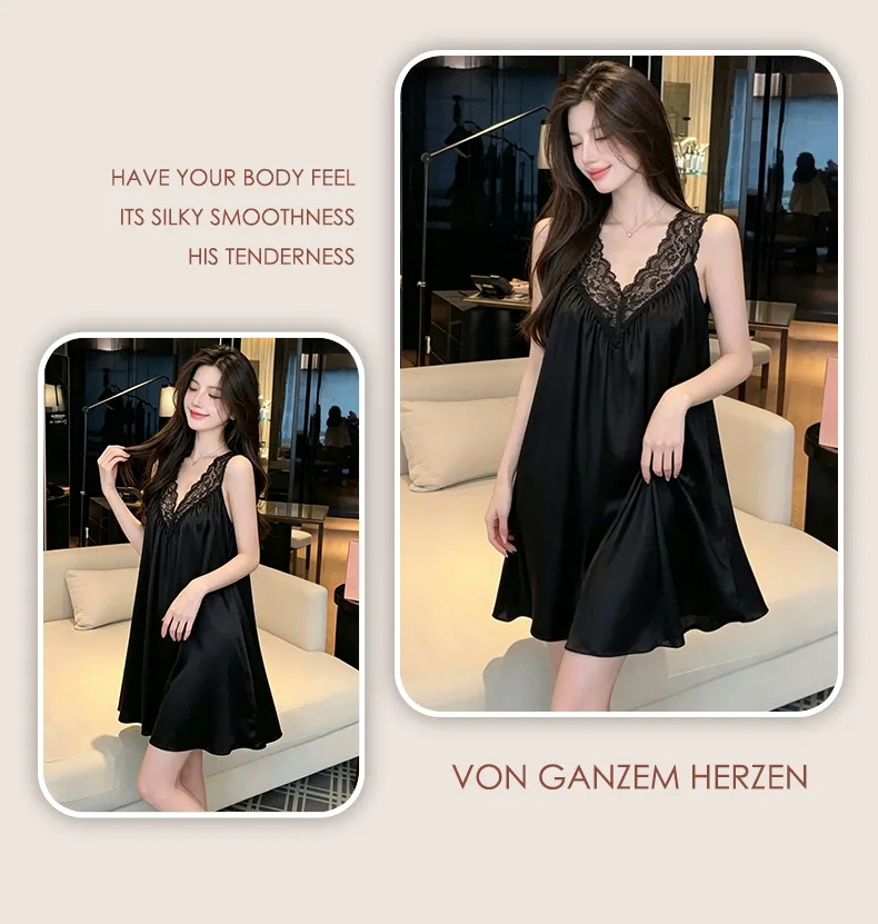 Bestie High-End Sexy Deep V Camisole Padded Nightdress Women Summer Ice Silk Lace Splicing Hollow-Out Midi Dress · Wholesale · OEM · Worldwide Shipping - Detail 21