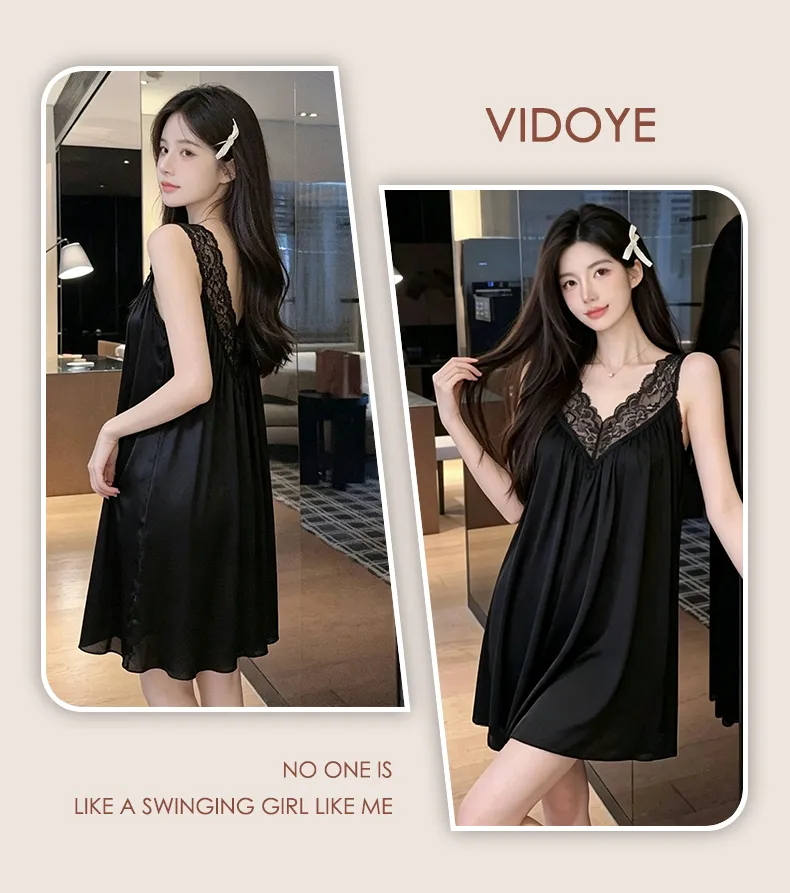 Bestie High-End Sexy Deep V Camisole Padded Nightdress Women Summer Ice Silk Lace Splicing Hollow-Out Midi Dress · Wholesale · OEM · Worldwide Shipping - Detail 17