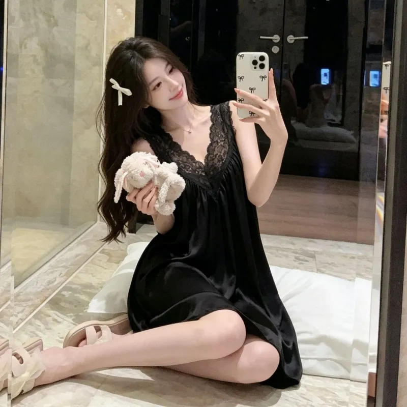Bestie High-End Sexy Deep V Camisole Padded Nightdress Women Summer Ice Silk Lace Splicing Hollow-Out Midi Dress · Wholesale · OEM · Worldwide Shipping