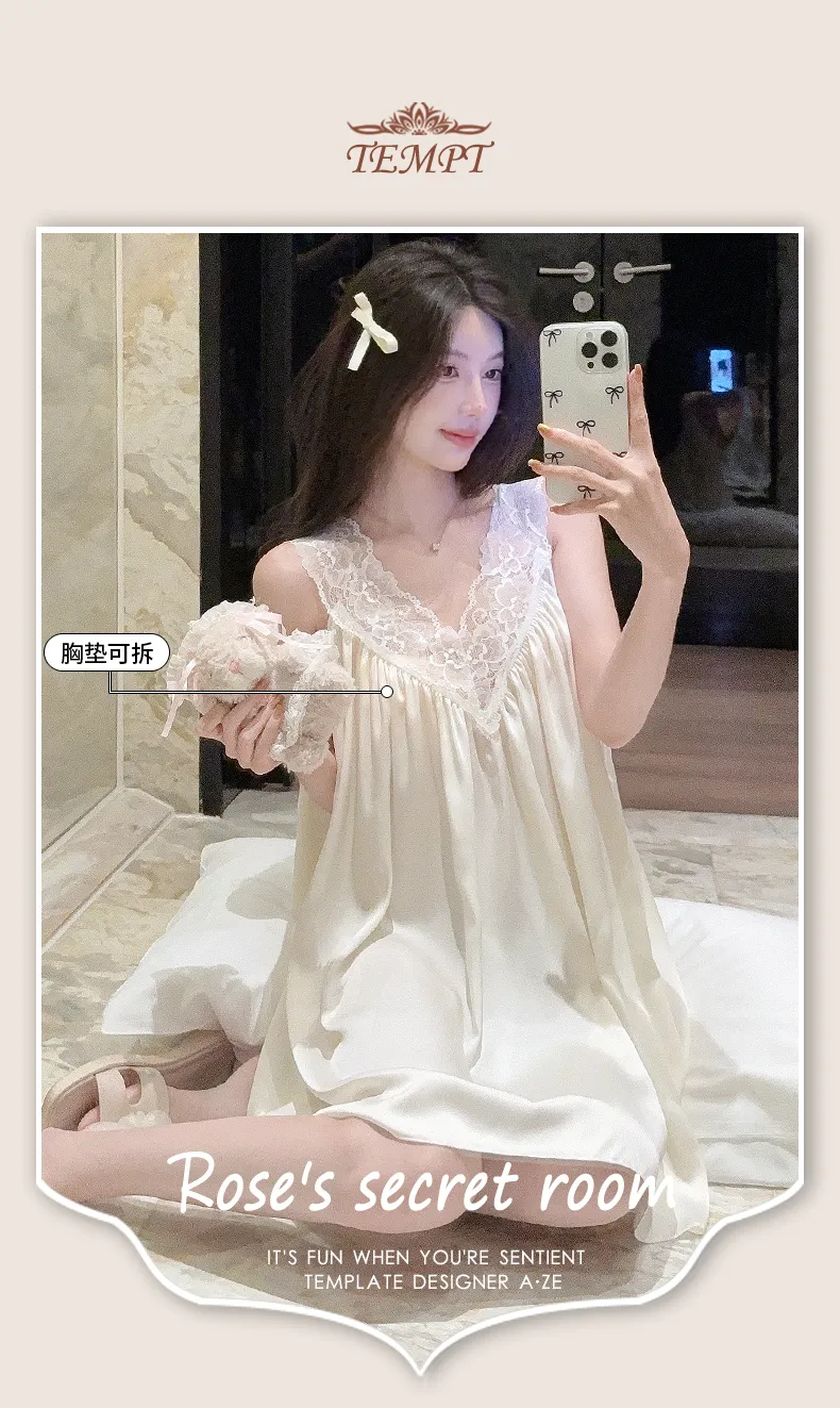 Bestie High-End Sexy Deep V Camisole Padded Nightdress Women Summer Ice Silk Lace Splicing Hollow-Out Midi Dress · Wholesale · OEM · Worldwide Shipping - Detail 1