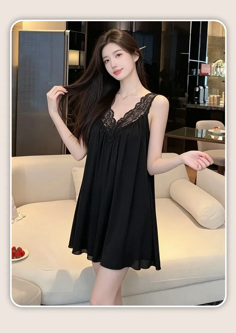 Bestie High-End Sexy Deep V Camisole Padded Nightdress Women Summer Ice Silk Lace Splicing Hollow-Out Midi Dress · Wholesale · OEM · Worldwide Shipping - Detail 23