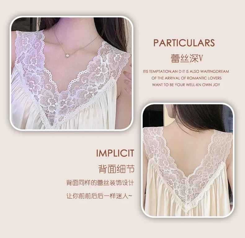 Bestie High-End Sexy Deep V Camisole Padded Nightdress Women Summer Ice Silk Lace Splicing Hollow-Out Midi Dress · Wholesale · OEM · Worldwide Shipping - Detail 3