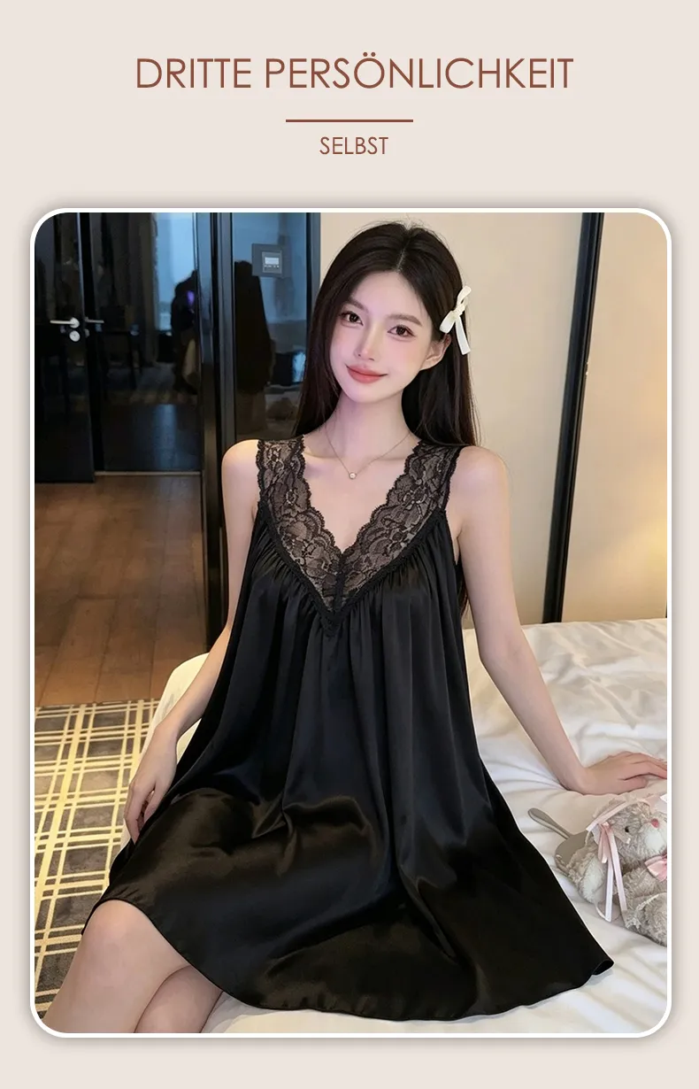 Bestie High-End Sexy Deep V Camisole Padded Nightdress Women Summer Ice Silk Lace Splicing Hollow-Out Midi Dress · Wholesale · OEM · Worldwide Shipping - Detail 18