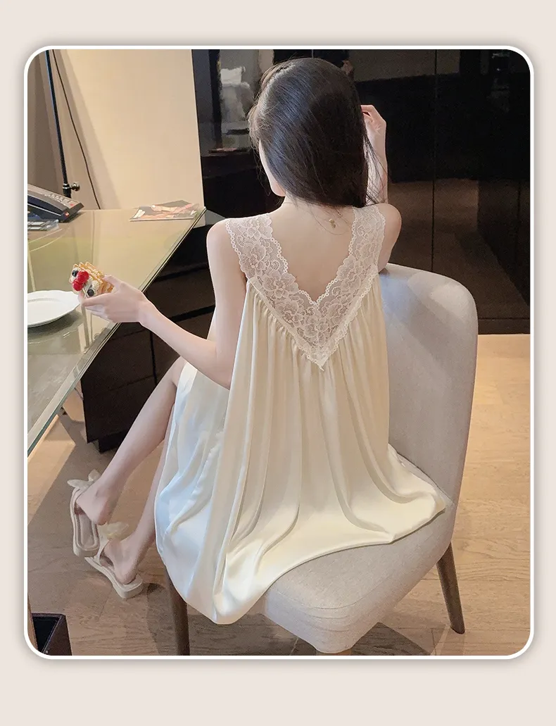 Bestie High-End Sexy Deep V Camisole Padded Nightdress Women Summer Ice Silk Lace Splicing Hollow-Out Midi Dress · Wholesale · OEM · Worldwide Shipping - Detail 15