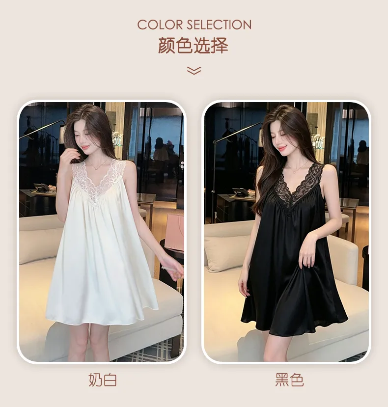 Bestie High-End Sexy Deep V Camisole Padded Nightdress Women Summer Ice Silk Lace Splicing Hollow-Out Midi Dress · Wholesale · OEM · Worldwide Shipping - Detail 5