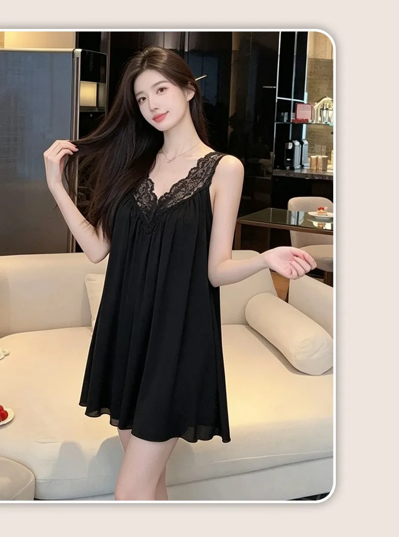 Bestie High-End Sexy Deep V Camisole Padded Nightdress Women Summer Ice Silk Lace Splicing Hollow-Out Midi Dress · Wholesale · OEM · Worldwide Shipping - Detail 19
