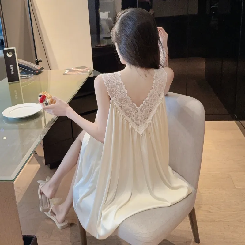 Bestie High-End Sexy Deep V Camisole Padded Nightdress Women Summer Ice Silk Lace Splicing Hollow-Out Midi Dress · Wholesale · OEM · Worldwide Shipping - View 3
