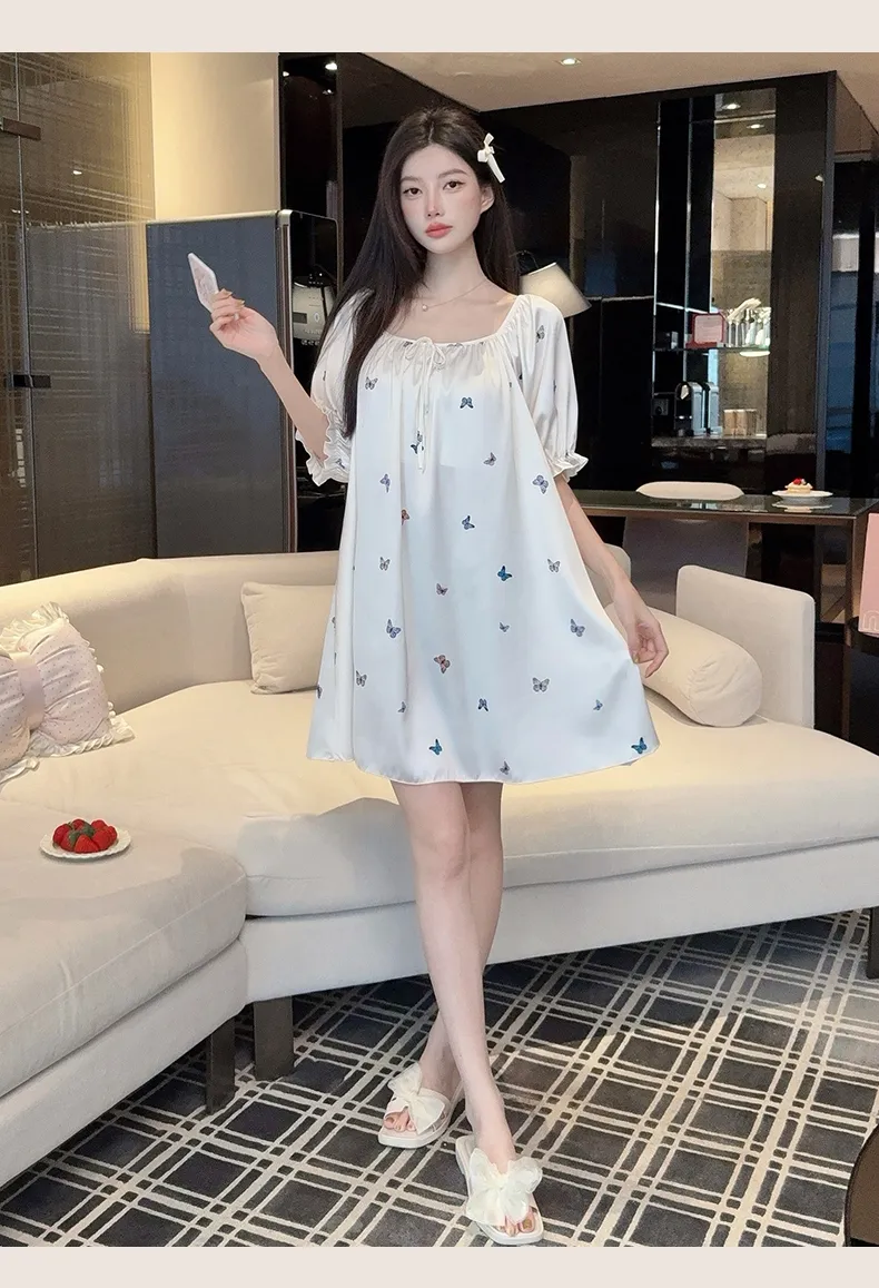 TikTok人気フレンチスクエアネック蝶々プリントアイスシルクナイトウェアレディース純欲風ロング丈膝下ワンピース · 卸売 · OEM · 世界へ発送 - Detail 4