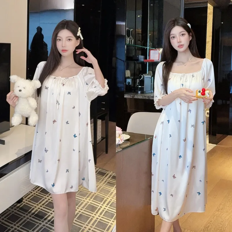 Douyin Hot-Selling French Square Neck Butterfly Print Ice Silk Sleepwear Women's Pure Desire Style Extended Over-Knee Long Dress · Wholesale · OEM · Worldwide Shipping