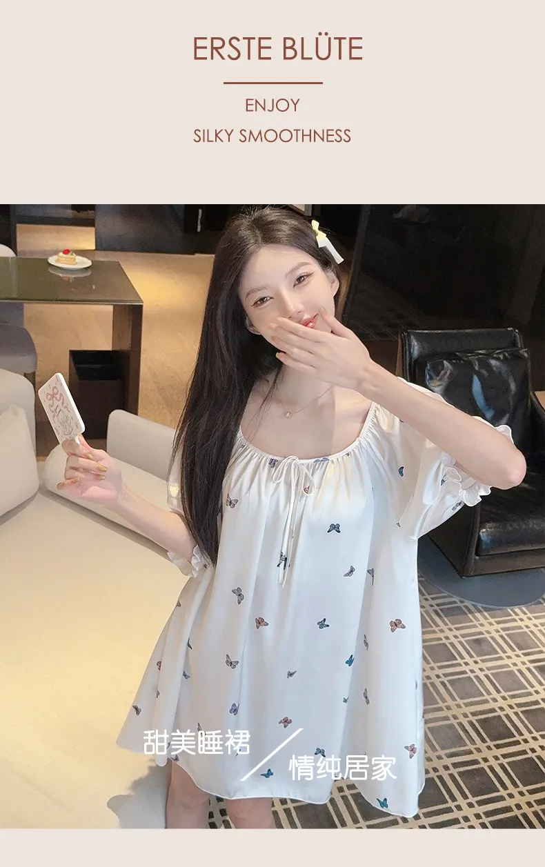 TikTok人気フレンチスクエアネック蝶々プリントアイスシルクナイトウェアレディース純欲風ロング丈膝下ワンピース · 卸売 · OEM · 世界へ発送 - Detail 8
