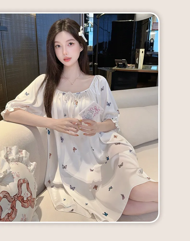 TikTok人気フレンチスクエアネック蝶々プリントアイスシルクナイトウェアレディース純欲風ロング丈膝下ワンピース · 卸売 · OEM · 世界へ発送 - Detail 10