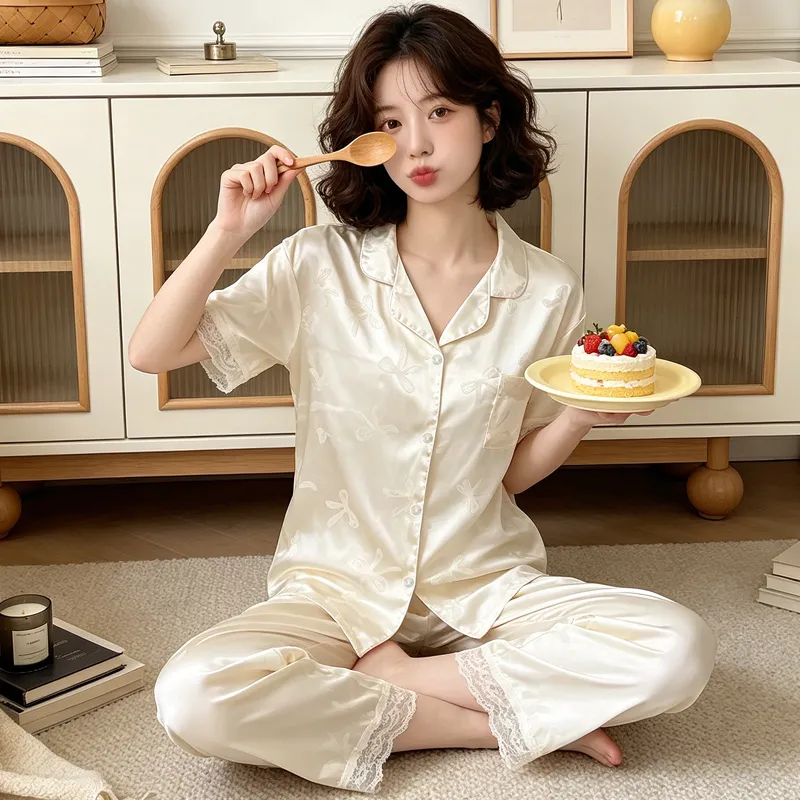 Ensemble pyjama femme manches courtes pantalon long en soie simulée avec nœud papillon en dentelle jacquard, style français haut de gamme, Yuanxing 2272