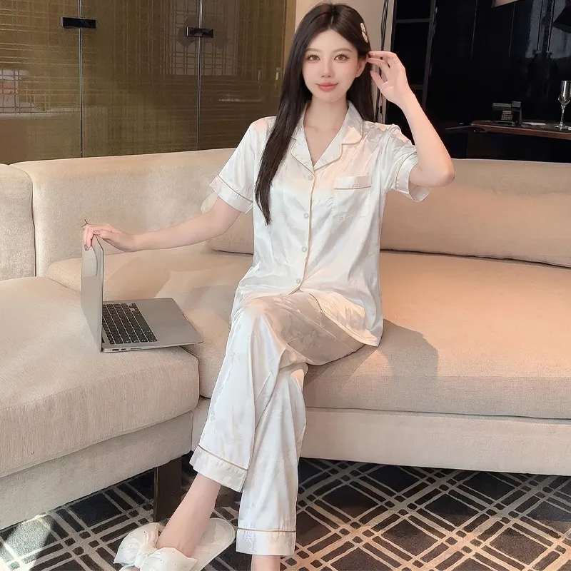 Yuanxing 2276 INS Light Luxury Sweet Jacquard Imitation Silk Pajamas Short Sleeve Long Pants Homewear Set · Wholesale · OEM · Worldwide Shipping - View 3