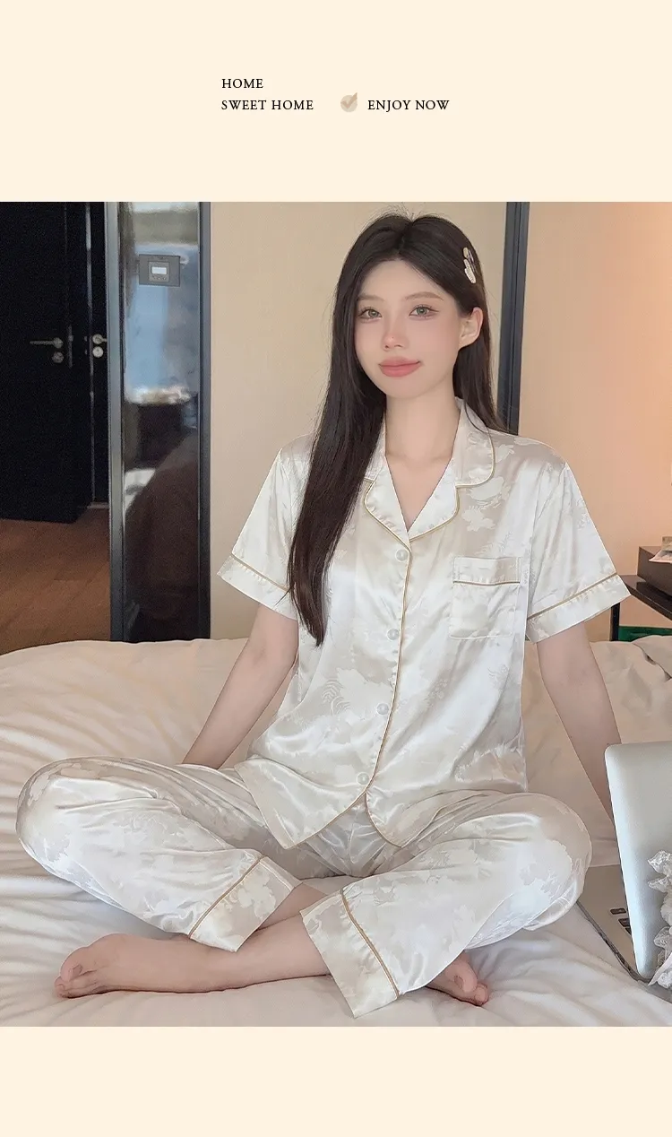 Yuanxing 2276 INS Light Luxury Sweet Jacquard Imitation Silk Pajamas Short Sleeve Long Pants Homewear Set · Wholesale · OEM · Worldwide Shipping - Detail 11