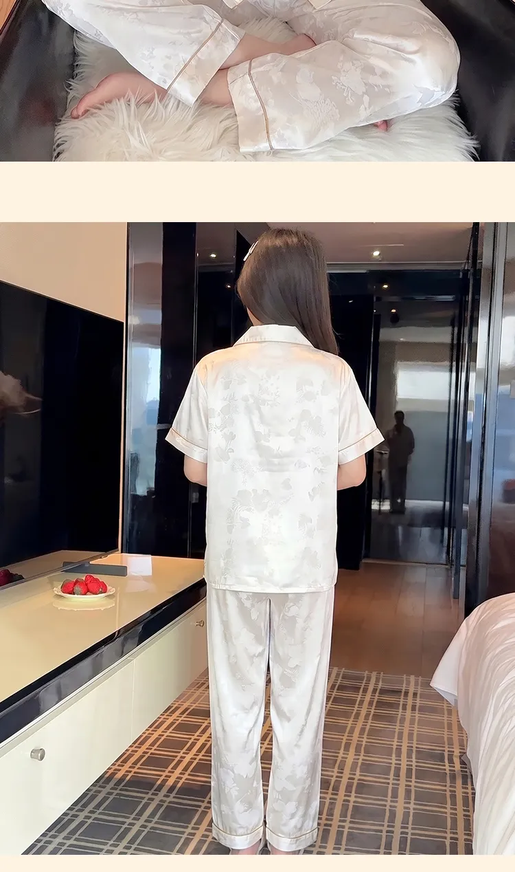 Yuanxing 2276 INS Light Luxury Sweet Jacquard Imitation Silk Pajamas Short Sleeve Long Pants Homewear Set · Wholesale · OEM · Worldwide Shipping - Detail 10