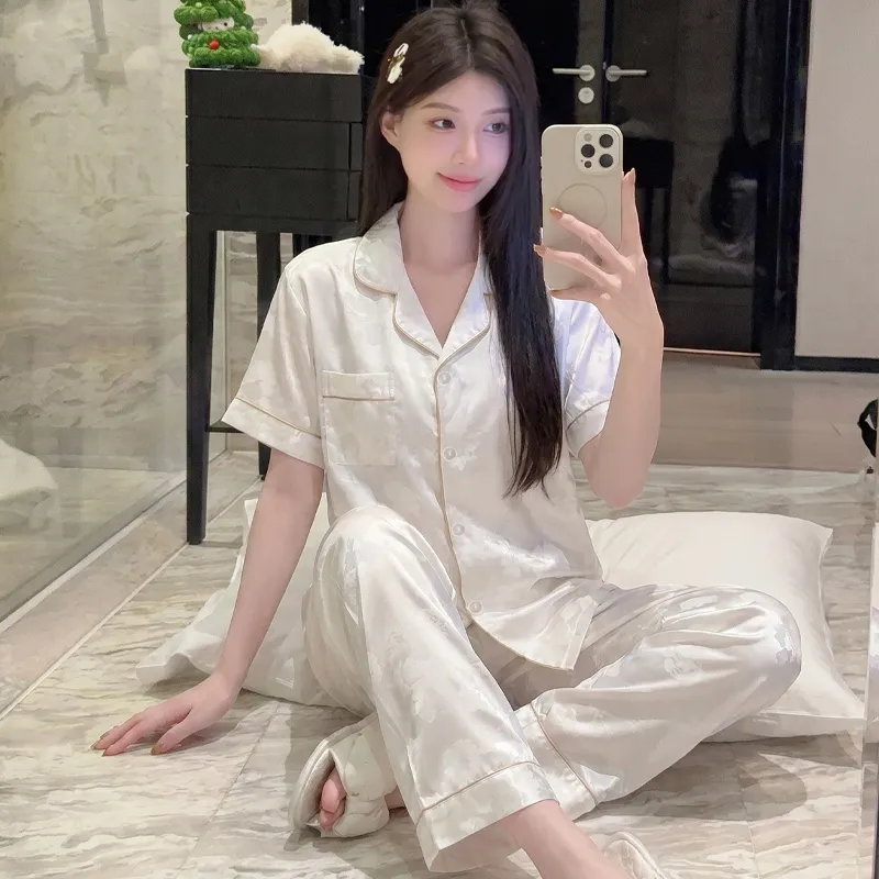 Yuanxing 2276 INS Light Luxury Sweet Jacquard Imitation Silk Pajamas Short Sleeve Long Pants Homewear Set · Wholesale · OEM · Worldwide Shipping