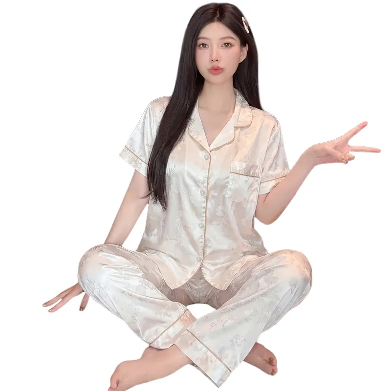 Yuanxing 2276 INS Light Luxury Sweet Jacquard Imitation Silk Pajamas Short Sleeve Long Pants Homewear Set · Wholesale · OEM · Worldwide Shipping - View 4