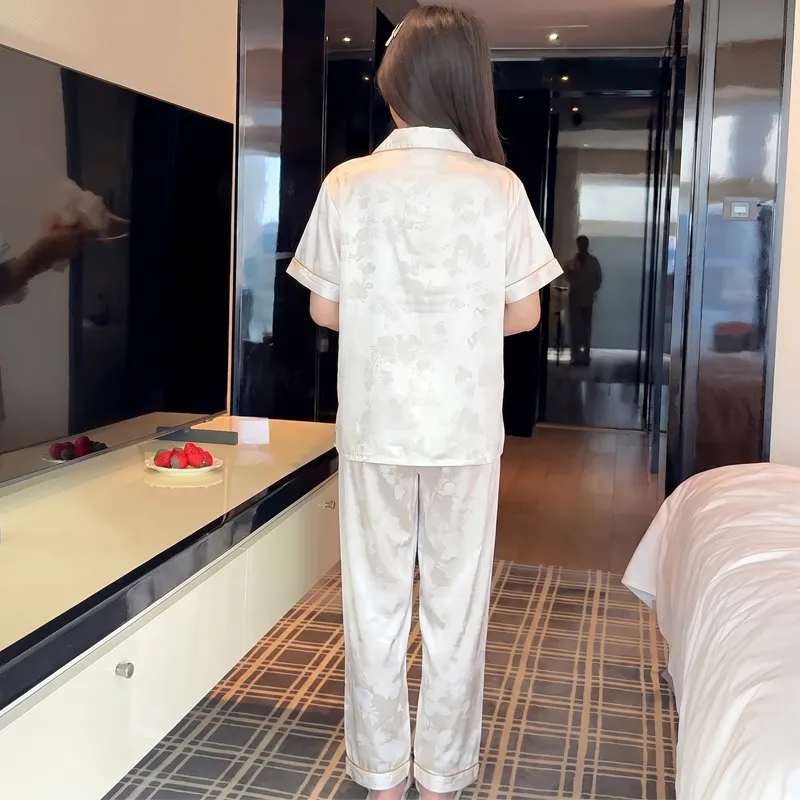 Yuanxing 2276 INS Light Luxury Sweet Jacquard Imitation Silk Pajamas Short Sleeve Long Pants Homewear Set · Wholesale · OEM · Worldwide Shipping - View 2
