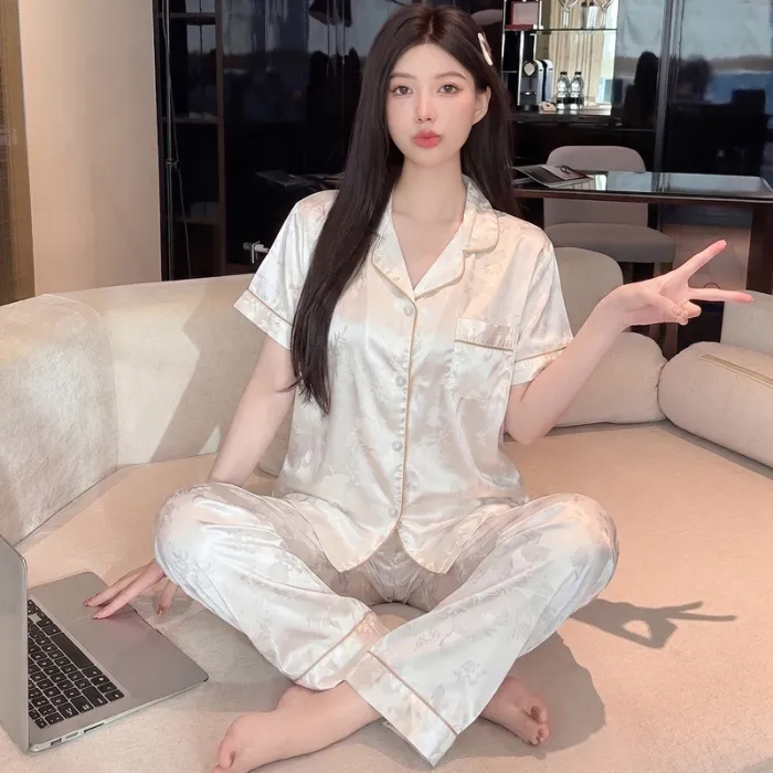 Yuanxing 2276 INS Light Luxury Sweet Jacquard Imitation Silk Pajamas Short Sleeve Long Pants Homewear Set · Wholesale · OEM · Worldwide Shipping - Detail 1