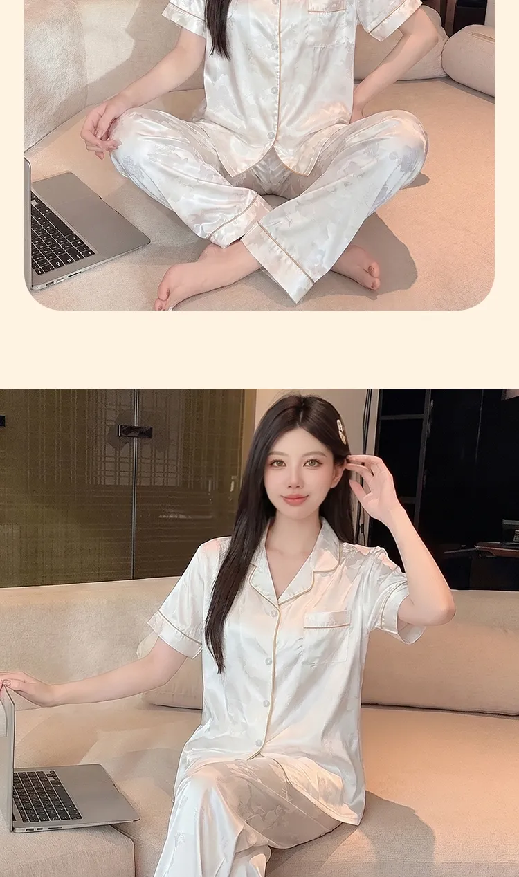 Yuanxing 2276 INS Light Luxury Sweet Jacquard Imitation Silk Pajamas Short Sleeve Long Pants Homewear Set · Wholesale · OEM · Worldwide Shipping - Detail 8