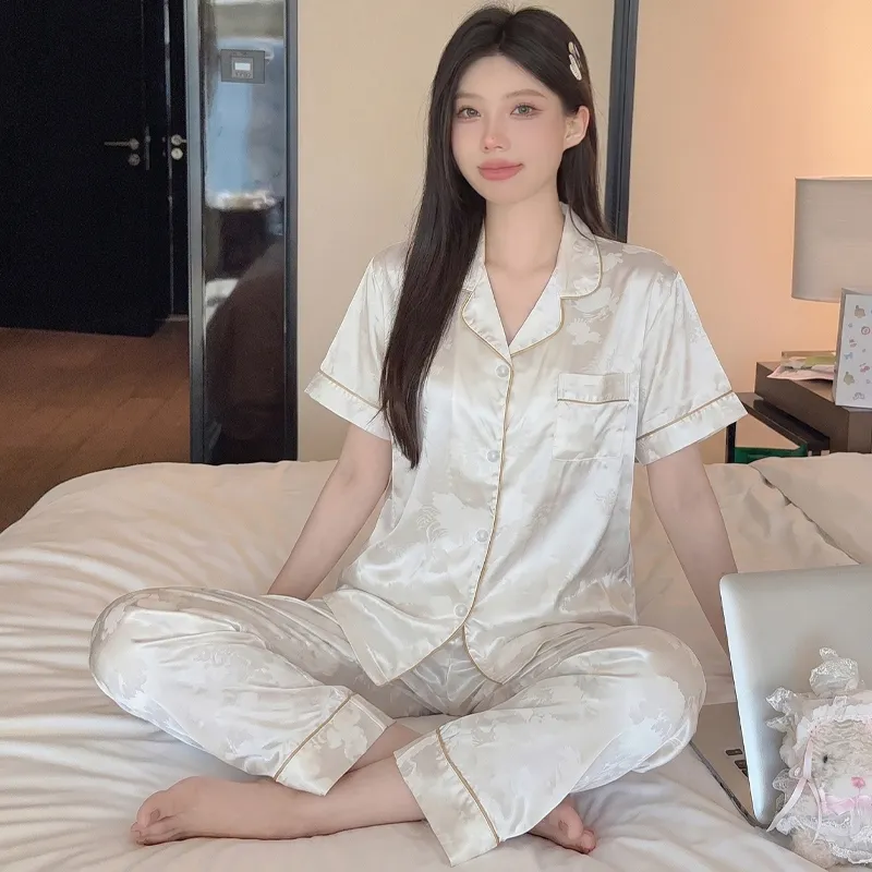 Yuanxing 2276 INS Light Luxury Sweet Jacquard Imitation Silk Pajamas Short Sleeve Long Pants Homewear Set · Wholesale · OEM · Worldwide Shipping - View 1