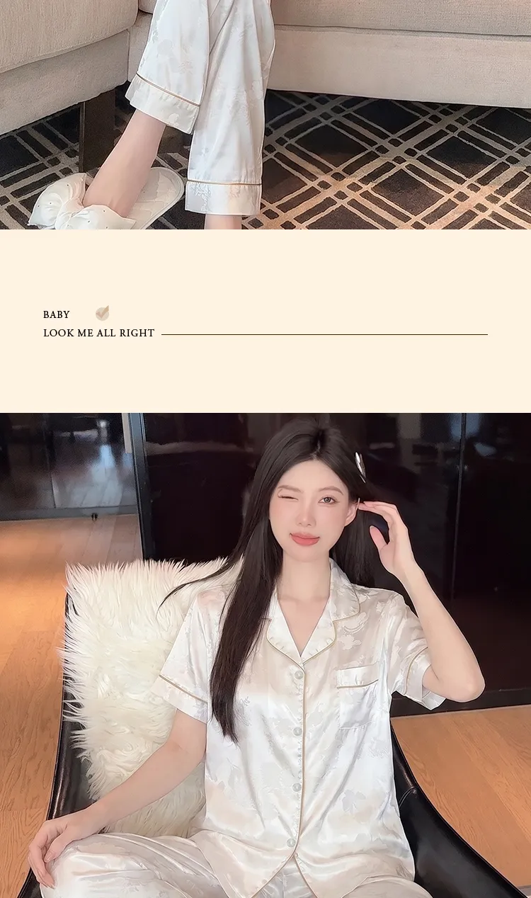 Yuanxing 2276 INS Light Luxury Sweet Jacquard Imitation Silk Pajamas Short Sleeve Long Pants Homewear Set · Wholesale · OEM · Worldwide Shipping - Detail 9