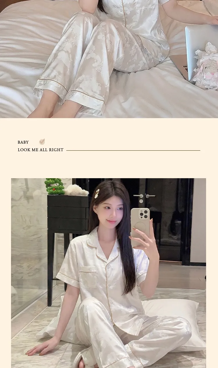 Yuanxing 2276 INS Light Luxury Sweet Jacquard Imitation Silk Pajamas Short Sleeve Long Pants Homewear Set · Wholesale · OEM · Worldwide Shipping - Detail 5