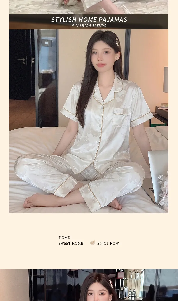 Yuanxing 2276 INS Light Luxury Sweet Jacquard Imitation Silk Pajamas Short Sleeve Long Pants Homewear Set · Wholesale · OEM · Worldwide Shipping - Detail 6