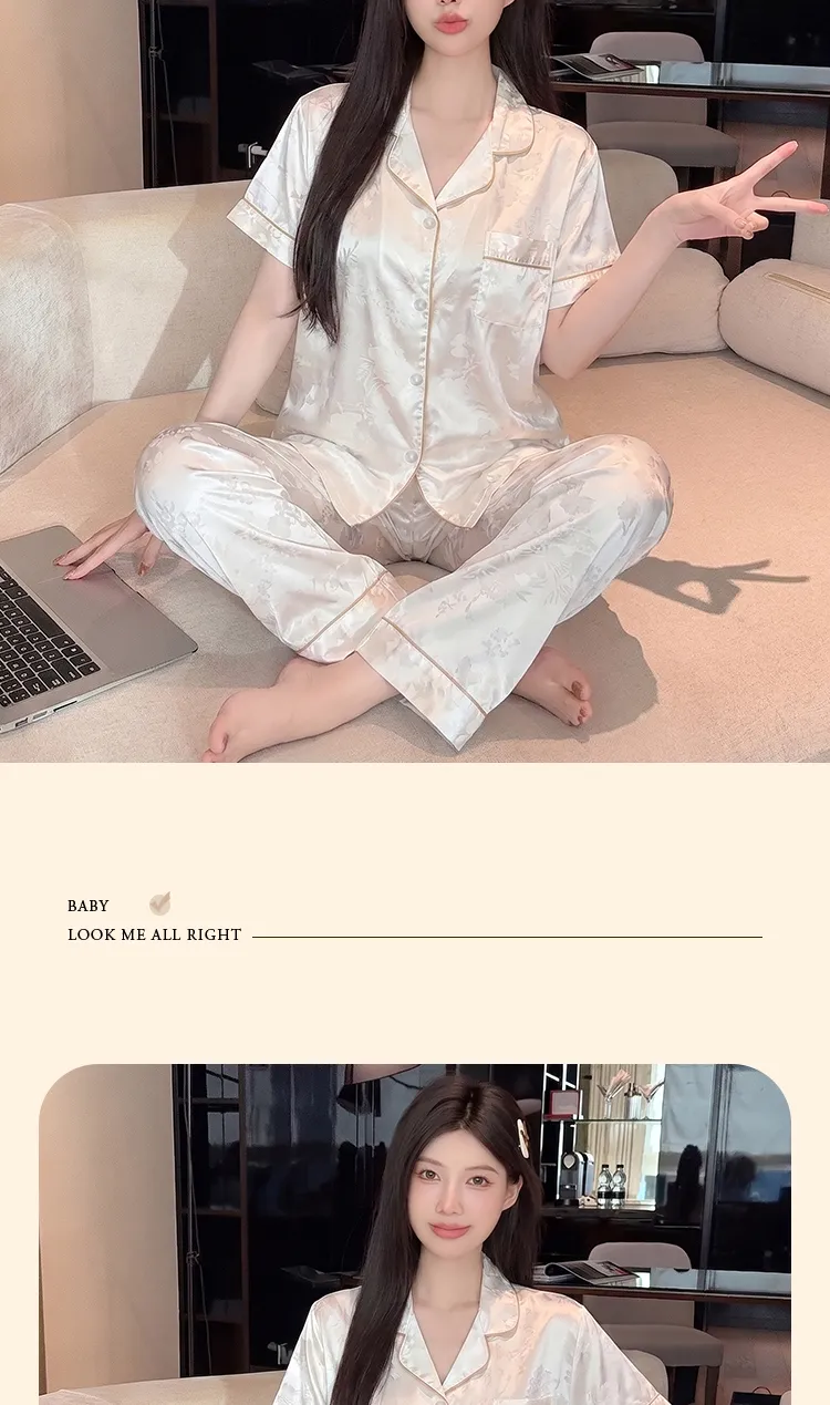 Yuanxing 2276 INS Light Luxury Sweet Jacquard Imitation Silk Pajamas Short Sleeve Long Pants Homewear Set · Wholesale · OEM · Worldwide Shipping - Detail 7