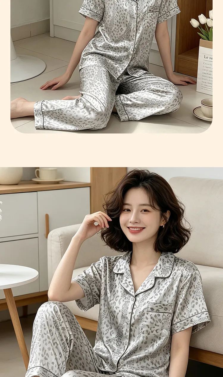 Ensemble pyjama femme manches courtes et pantalon long en soie imitation imprimé léopard gris, style minimaliste tendance ins, Yuanxing 2279 · Grossiste · OEM · Mondial - Detail 8